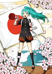  :o absurdres alternate_costume alternate_hairstyle aqua_eyes aqua_hair armband bad_id bad_pixiv_id black_socks cherry_blossoms commentary_request female flag flagpole full_body gakuran geta gloves hatsune_miku highres japan japanese_flag kneehighs long_hair looking_at_viewer matsuda_suzuri megaphone mountain nail_polish open_mouth ouendan patriotism ponytail school_uniform socks solo stirrup_legwear toeless_legwear toenail_polish toenails vocaloid white_gloves wind 