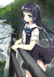  bad_id bad_pixiv_id black_hair black_skirt blue_eyes blush commentary_request female fence high-waist_skirt miniskirt miyoshino nature original panties pantyshot pleated_skirt school_uniform skirt smile solo tree underwear water white_panties wind 