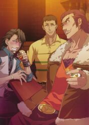  3boys alcohol antonio_lopez belt bracelet brothers brown_eyes brown_hair chest_hair dark-skinned_male dark_skin drunk facial_hair green_eyes highres jewelry kaburagi_muramasa kaburagi_t._kotetsu male_focus multiple_boys necktie non-web_source photoshop_(medium) shirt siblings stubble t-shirt tiger_&amp;_bunny v-neck vest waistcoat watch wristwatch yokota_mamoru 