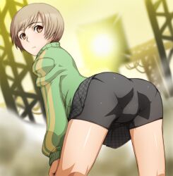  arm_support ass bent_over bike_shorts bike_shorts_under_skirt black_shorts black_skirt brown_eyes brown_hair checkered_clothes checkered_skirt commentary_request female fog from_behind highres houndstooth jacket looking_back miniskirt pantylines persona persona_4 pleated_skirt satonaka_chie short_hair short_shorts shorts shorts_under_skirt skirt solo standing tabigarasu track_jacket unmoving_pattern 