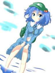  aqua_skirt backpack bad_id bad_pixiv_id bag blue_eyes blue_hair clothes_lift female hair_bobbles hair_ornament hat highres kawashiro_nitori key mayuzumi_makiha medium_skirt midriff navel skirt skirt_lift skirt_set solo standing touhou two_side_up wading water 