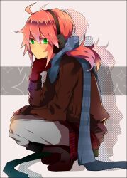  1boy akishima_kei bad_id bad_pixiv_id coat earmuffs gloves green_eyes inazuma_eleven_(series) inazuma_eleven_go kirino_ranmaru long_hair low_twintails male_focus mittens pink_hair red_mittens scarf solo twintails 