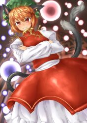  animal_ears brown_eyes brown_hair cat_ears cat_tail chen commentary_request crossed_arms danmaku earrings female hat jewelry multiple_tails paint.net_(medium) solo tail teeth toritora touhou 