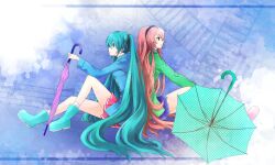  2girls aqua_hair back-to-back blue_skirt boots closed_umbrella commentary_request hatsune_miku kanna_(chaos966) long_hair megurine_luka miniskirt multiple_girls pink_hair pink_skirt pleated_skirt rubber_boots sitting skirt twintails umbrella very_long_hair vocaloid 