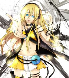  blonde_hair blue_eyes cable cd collar commentary_request female flapper_shirt headphones highres lily_(vocaloid) long_hair midriff miniskirt nail_polish navel open_mouth origa pleated_skirt shirt skirt smile solo vocaloid yellow_skirt 