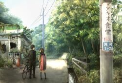  1boy bicycle black_hair brown_hair commentary_request faceless familymart female from_behind highres original outdoors overgrown power_lines scenery school_uniform standing takio tree 