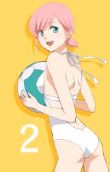  back bad_link ball beachball bikini celestial_s countdown estellise_sidos_heurassein estellise_sidos_heurassein_(refreshing_dress) female green_eyes holding holding_ball holding_beachball looking_back official_alternate_costume one-piece_swimsuit pink_hair short_hair smile solo swimsuit tales_of_(series) tales_of_vesperia white_one-piece_swimsuit yellow_background 