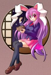  animal_ears bad_id bad_pixiv_id black_thighhighs blazer blush breasts chopsticks egg female food jacket long_hair medium_breasts miniskirt necktie noodles pink_skirt pleated_skirt purple_hair rabbit_ears red_eyes reisen_udongein_inaba shinjitsu skirt smile solo thighhighs touhou very_long_hair 