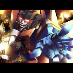  1980s_(style) bad_id bad_pixiv_id decepticon fangs fire glowing glowing_eyes hands letterboxed mecha no_humans retro_artstyle robot science_fiction shouting solo starscream transformers transformers:_generation_1 yfm_(mrk) 