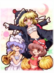  3girls ;d armband bad_id bad_pixiv_id blonde_hair blue_eyes breasts brown_eyes brown_hair cheerleader cleavage coat crescent crescent_hat_ornament frills gakuran gloves group_picture happy hat hat_ornament headband instrument jacket lunasa_prismriver lyrica_prismriver medium_breasts merlin_prismriver midriff miniskirt multiple_girls navel one_eye_closed open_clothes open_jacket open_mouth ouendan outstretched_arms pom_pom_(cheerleading) purple_hair red_skirt sarashi school_uniform short_hair siblings sisters skirt small_breasts smile spread_arms star_(symbol) star_hat_ornament stomach touhou trench_coat trumpet white_gloves white_headband white_skirt yellow_eyes zipang_(zip@ng_works) 