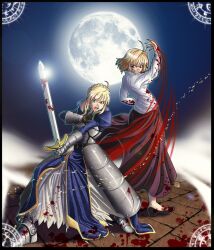  2girls arcueid_brunestud artoria_pendragon_(fate) blonde_hair blood fate/stay_night fate_(series) full_moon gammatelier imageboard_desourced long_skirt moon multiple_girls non-web_source purple_skirt saber_(fate) skirt sweater sword tsukihime weapon 