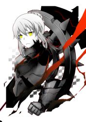  armor armored_dress artoria_pendragon_(fate) bad_id bad_pixiv_id dress fate/stay_night fate_(series) female frown gauntlets highres monochrome saber_alter samuraig solo spot_color yellow_eyes 