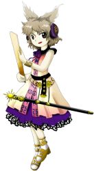  artistic_error bad_anatomy brown_eyes brown_hair dress earmuffs female full_body lowres non-web_source official_art scabbard sheath sheathed solo sword ten_desires touhou toyosatomimi_no_miko transparent_background weapon wrong_hand zun_(artist) 