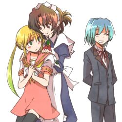  1boy 2girls ayasaki_hayate blonde_hair blue_hair brown_eyes brown_hair butler closed_eyes commentary_request folded_ponytail green_eyes hakuo_school_uniform hayate_no_gotoku! hitaishou_chiritori long_hair maid maria_(hayate_no_gotoku!) multiple_girls sanzen&#039;in_nagi school_uniform serafuku short_hair thighhighs twintails 