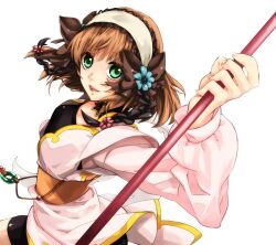  bike_shorts bow braid brown_hair choker coat commentary_request female flower green_eyes hair_flower hair_ornament hair_ribbon hairband holding holding_staff kmikan leia_rolando ribbon short_hair smile solo staff tales_of_(series) tales_of_xillia 