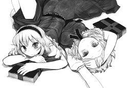  2girls alice_margatroid ass book clone commentary_request dress dual_persona greyscale hairband keyhole lock lying monochrome multiple_girls on_back on_person on_stomach short_hair smile touhou yassy 