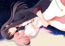  1boy black_hair celestial_s coat couple dress estellise_sidos_heurassein female gloves long_hair photoshop_(medium) pink_hair short_hair sleeping straight tales_of_(series) tales_of_vesperia white_gloves yuri_lowell 