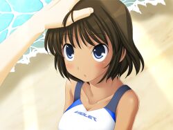  beach bellybutton bikini blue_eyes blush breasts brown_hair cleavage dark_skin dark_skinned female game_cg hand_on_head koi_to_mizugi_to_taiyo_to large_breasts looking_up male_hand navel ocean one-piece_swimsuit one_piece_swimsuit open_mouth outdoors pov sand shore short_hair sunlight sunshine swimsuit tan tanline water waves white_bikini white_swimsuit 