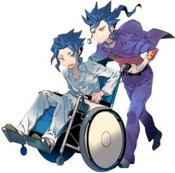  2boys bad_id bad_pixiv_id blue_hair brothers cloak inazuma_eleven_(series) inazuma_eleven_go male_focus mole mole_under_mouth multiple_boys open_mouth siblings smile tenobesama tsurugi_kyousuke tsurugi_yuuichi wheelchair yellow_eyes 