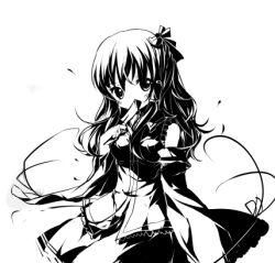  bad_id bad_pixiv_id blush breasts covering_own_mouth detached_sleeves female frog gohei greyscale hair_ornament hair_tubes high_contrast kochiya_sanae long_hair looking_at_viewer lowres medium_breasts miniskirt monochrome pf skirt smile snake solo touhou 