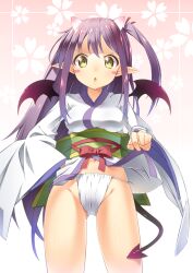  :o angry blush blush_stickers clothes_lift commentary_request cowboy_shot demon_tail demon_wings female floral_background fundoshi groin hair_ribbon japanese_clothes kazuma_(kazumav) kimono kimono_lift long_hair looking_at_viewer navel obi one_side_up parted_lips pointy_ears purple_hair ribbon sash sengoku_collection simple_background solo tail tsukahara_bokuden_(sengoku_collection) white_background white_kimono wings yellow_eyes 