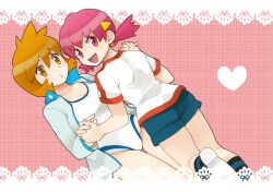  2girls back bad_id bad_pixiv_id blush breasts brown_eyes jacket kasumi_(pokemon) multiple_girls one-piece_swimsuit open_mouth orange_hair pink_eyes pink_hair pokemon pokemon_hgss shitappa shorts small_breasts smile swimsuit twintails whitney_(pokemon) 