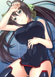  antenna_hair bad_id bad_pixiv_id bare_shoulders black_hair black_thighhighs blush breasts commentary_request covered_navel cowboy_shot emanon123 female from_above gradient green_eyes hair_ribbon halterneck hand_on_own_forehead hand_on_own_stomach head_tilt high_ponytail impossible_clothes infinite_stratos large_breasts leaning leotard long_hair looking_at_viewer lying on_back on_floor parted_lips partial_commentary pelvic_curtain pilot_suit raised_eyebrows ribbon shadow shinonono_houki solo split_ponytail taut_clothes thighhighs thighs tile_floor tiles turtleneck very_long_hair 