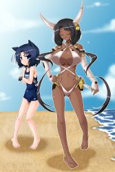  2girls animal_ears beach black_hair blue_eyes blue_hair breast_envy breasts cleavage closed_eyes commentary_request dark-skinned_female dark_skin day fingerless_gloves flat_chest gloves hand_on_own_hip highres horns houjou_ujinao huge_breasts joints katana kyoukaisenjou_no_horizon long_hair looking_at_breasts multiple_girls name_tag one-piece_swimsuit pigeon-toed robot_joints satomi_yoshiyasu school_swimsuit sheath sheathed shirogane_(cufsser) short_hair swimsuit sword weapon 