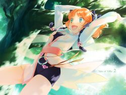  :d akiyoshi_haru arms_up bike_shorts braid coat copyright_name female green_eyes hairband happy leia_rolando open_mouth orange_hair short_hair smile solo tales_of_(series) tales_of_xillia tree 