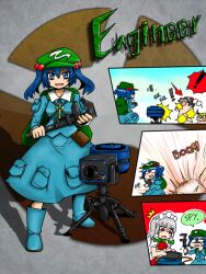  4girls adjustable_wrench backpack bag black_skirt bloodycat blue_eyes blue_hair blush boots bow chinese_commentary commentary_request demoman_(tf2) engineer_(tf2) explosion firing gun hair_bobbles hair_ornament hat ibuki_suika izayoi_sakuya kawashiro_nitori key long_hair maid_headdress medium_skirt multiple_girls open_mouth pouch sapper scout_(tf2) sentry shameimaru_aya short_hair skirt skirt_set smile spy_(tf2) team_fortress_2 touhou two_side_up weapon wrench 