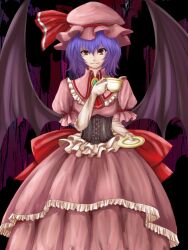  bad_id bad_pixiv_id bat_wings blue_hair bow commentary_request cup dress female gloves hat hat_bow highres large_bow photoshop_(medium) plate red_eyes remilia_scarlet smile solo teacup touhou untue wings 