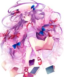  arm_up blush book commentary_request crescent dress female frills hair_ribbon hat ibara_riato long_hair open_mouth patchouli_knowledge photoshop_(medium) pink_dress pink_eyes purple_hair ribbon solo striped_clothes striped_dress touhou 