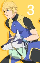  1boy alternate_costume bad_link blonde_hair blue_eyes canine celestial_s countdown diving_suit flynn_scifo flynn_scifo_(technical_diver) male_focus official_alternate_costume repede_(tales) repede_(timid_diving_dog)_(tales) skin_tight smile tales_of_(series) tales_of_vesperia yellow_background 