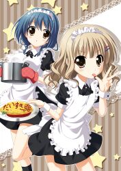  2girls :o apron blonde_hair blush brown_eyes commentary_request cooking_pot endori food food_writing furutani_himawari hair_ornament hairclip leg_lift licking licking_finger looking_at_viewer maid maid_headdress multiple_girls omelet omurice oomuro_sakurako oven_mitts panties photoshop_(medium) standing standing_on_one_leg star_(symbol) striped striped_background underwear wrist_cuffs yuru_yuri 