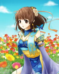  brown_eyes brown_hair commentary_request detached_sleeves female flower hair_ornament hinapecco open_mouth sangokushi_taisen short_hair solo xiao_qiao 