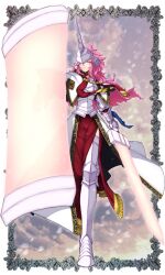  armor breastplate commentary_request covered_eyes female gauntlets greaves helm helmet helmet_over_eyes hidden_eyes highres horns knight kouya long_hair pink_hair pixiv_fantasia pixiv_fantasia_wizard_and_knight shield single_horn solo sword weapon 