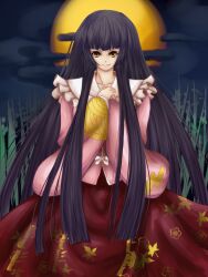  bad_id bad_pixiv_id bamboo black_hair commentary_request female highres houraisan_kaguya leaf long_hair long_skirt moon photoshop_(medium) print_skirt red_skirt skirt solo touhou untue very_long_hair yellow_eyes 