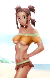  bare_shoulders beach braid breasts brown_eyes brown_hair collarbone commentary_request crop_top dark-skinned_female dark_skin female hand_on_own_hip long_hair looking_at_viewer md5_mismatch medium_breasts midriff moonbay navel no_bra ocean open_mouth resolution_mismatch short_shorts shorts solo source_larger standing twin_braids ueyama_michirou underboob zoids zoids_chaotic_century 