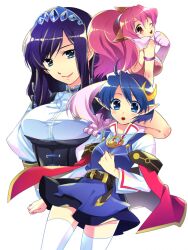  3girls :o ailyth animal_ears black_hair black_skirt blue_eyes blue_hair breasts cape cat_ears cat_tail corset crescent crescent_hair_ornament group_picture hair_ornament hairband hairpin jewelry large_breasts leotard long_hair medium_breasts miniskirt multiple_girls one_eye_closed open_mouth paw_pose pendant perisie_(star_ocean) pink_hair pink_leotard ponytail red_cape red_eyes rena_lanford short_hair shuragyoku_mami simple_background skirt star_ocean star_ocean_first_departure star_ocean_the_second_story surprised tail thighhighs valkyrie_profile_(series) white_background white_legwear 