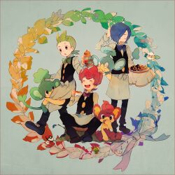  21grams 3boys bad_id bad_pixiv_id bow bowtie brothers chili_(pokemon) cilan_(pokemon) cookie cottonee cress_(pokemon) cup eating food foongus male_focus multiple_boys panpour pansage pansear photoshop_(medium) pokemon pokemon_(creature) pokemon_bw ribbon sewaddle siblings tea teacup traditional_bowtie tray waiter 