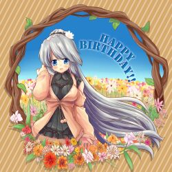  alternate_hairstyle blue_eyes clannad commentary_request female flower grey_hair happy_birthday long_hair naka_akira ponytail sakagami_tomoyo solo 