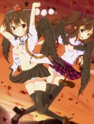  2girls autumn_leaves bad_id bad_pixiv_id black_skirt black_thighhighs black_wings breasts brown_eyes brown_hair dress_shirt geta hair_ribbon hat highres himekaidou_hatate leaf maple_leaf mayuzumi_makiha microskirt multiple_girls no_bra open_clothes open_shirt panties pantyshot plaid plaid_skirt pleated_skirt purple_skirt red_eyes ribbon shameimaru_aya shirt skirt small_breasts striped_clothes striped_panties sunset tengu-geta thighhighs tokin_hat touhou twintails underwear wings 