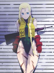  assault_rifle bad_id bad_pixiv_id blonde_hair blue_eyes bodypaint braid cammy_white female fingerless_gloves gloves green_leotard gun leotard long_hair m16 m16a2 niwakaike rifle scar solo street_fighter street_fighter_iv_(series) vest weapon 