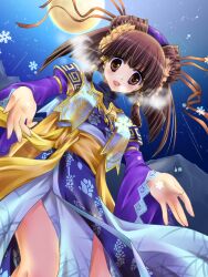  brown_eyes brown_hair commentary_request female from_below hair_ornament highres kazuki_hiyori open_mouth sangokushi_taisen smile solo xiao_qiao 