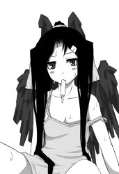  commentary_request female food greyscale kosumone kyoukaisenjou_no_horizon long_hair malga_naruze monochrome off_shoulder popsicle solo wings 