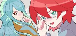  2boys adjusting_eyewear aged_up androgynous bad_id bad_pixiv_id blue_hair brown_eyes closed_mouth fingernails glasses green_eyes hair_over_one_eye hidakarumen inazuma_eleven_(series) inazuma_eleven_go kazemaru_ichirouta kiyama_hiroto long_sleeves looking_at_viewer looking_back male_focus multiple_boys open_mouth red_hair smile 