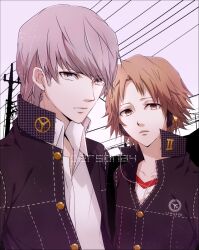  2boys bad_id bad_pixiv_id brown_eyes brown_hair grey_eyes grey_hair hanamura_yousuke headphones houndstooth moco multiple_boys narukami_yuu persona persona_4 school_uniform short_hair 