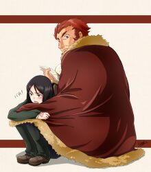  2boys bad_id bad_pixiv_id beard black_hair blush bob_cut book cape facial_hair fate/zero fate_(series) iskandar_(fate) male_focus multiple_boys photoshop_(medium) rainsp red_eyes red_hair waver_velvet 