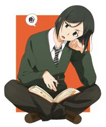  1boy bad_id bad_pixiv_id black_eyes bob_cut book brown_hair fate/zero fate_(series) head_tilt highres indian_style looking_at_viewer male_focus necktie open_mouth pen sitting solo sweater umishima_senbon waver_velvet 