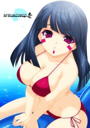  arm_support bangs bare_shoulders beatmania beatmania_iidx bikini black_hair blunt_bangs breasts chestnut_mouth cleavage collarbone facial_mark female female highres hinazuki_ririna kinoshita_ichi large_breasts lilith_(beatmania_iidx) long_hair looking_at_viewer navel pink_bikini pink_eyes side-tie_bikini sitting solo swimsuit text thighs water 